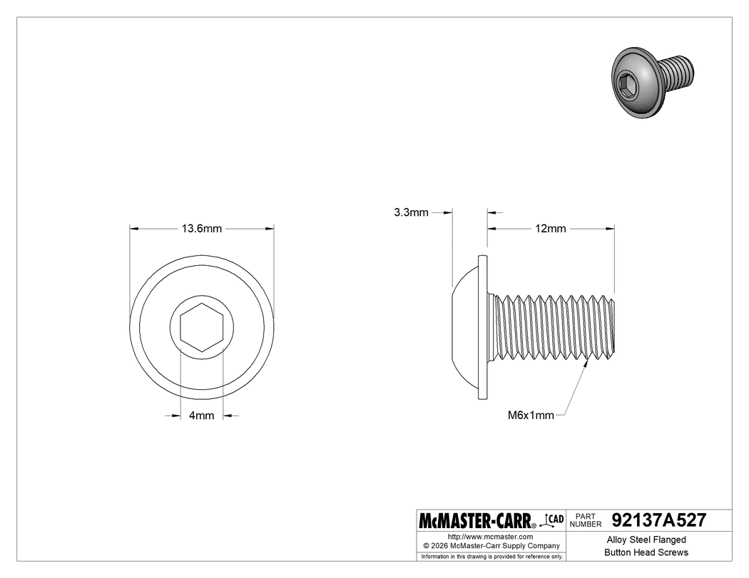 Technical Drawing of Alloy Steel Flanged Button Head Screws, Black-Oxide, M6 x 1.00 mm Thread, 12mm Long.